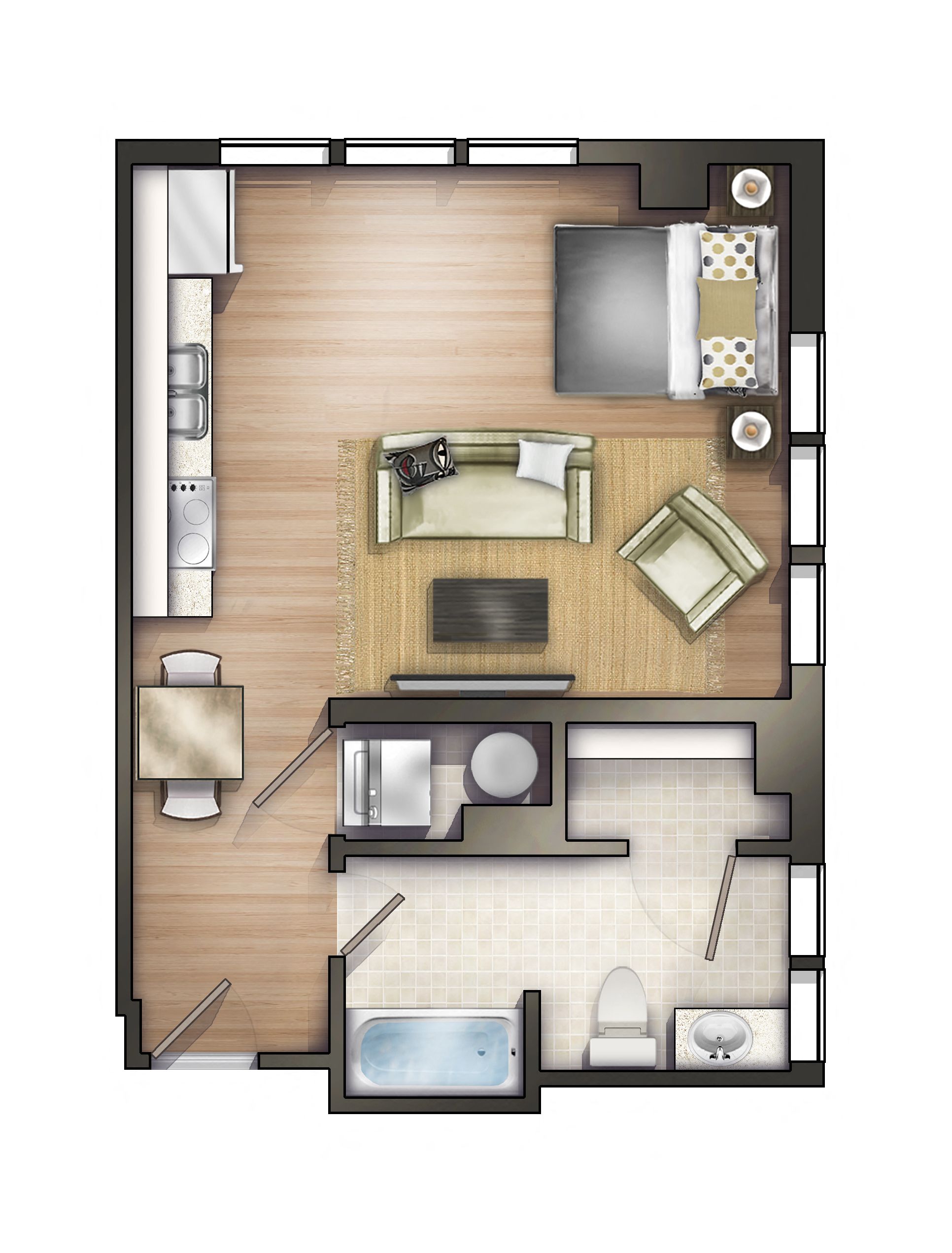 Floor plan for studio, 1 bath, 566 sqft